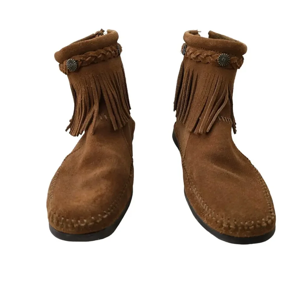 Minnetonka Womens Ankle Boots 8 Brown Suede Leather Fringe Boho Hippie Booties